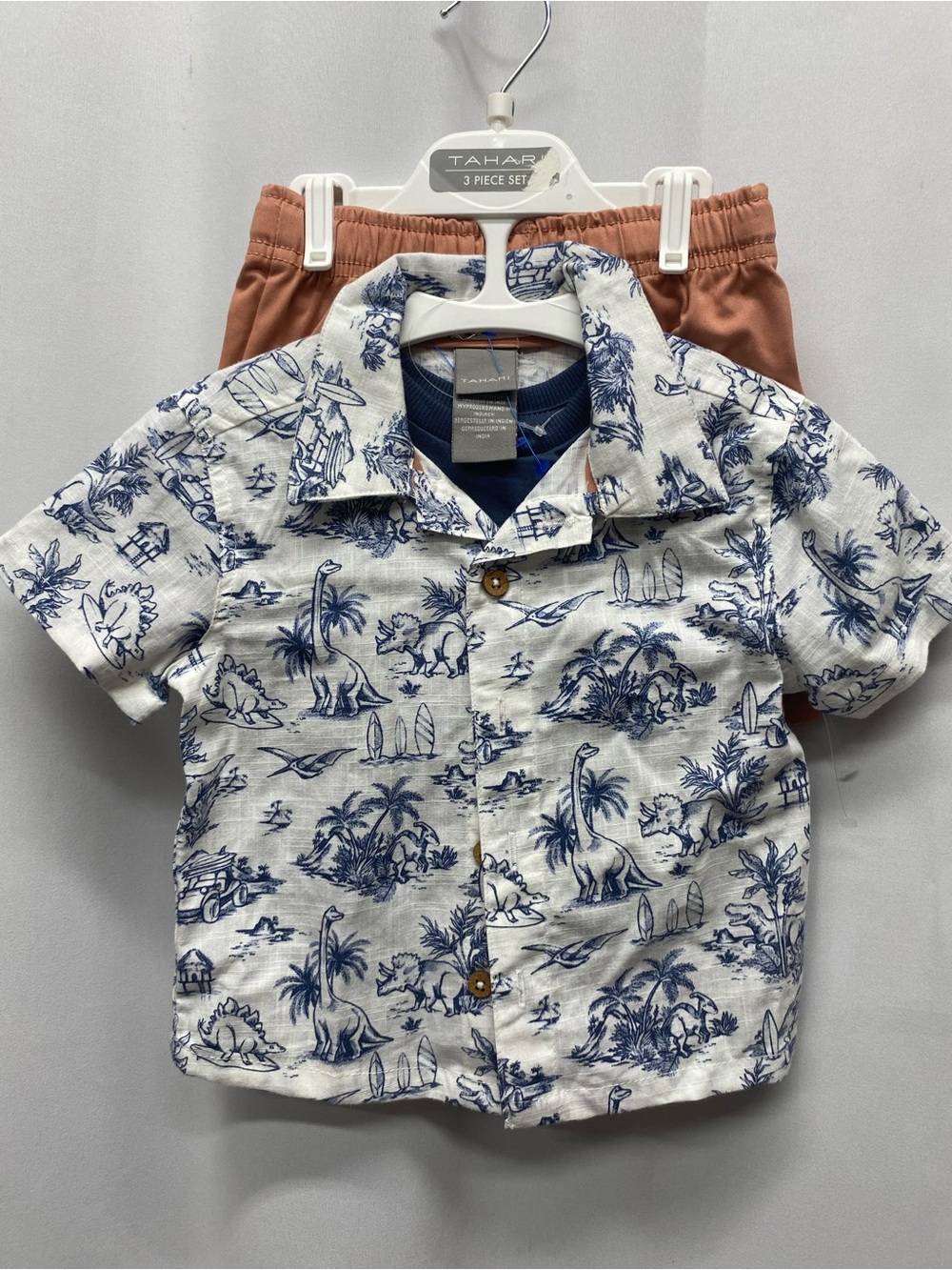 Tahari boys size 12 months dinosaur outfit button up shirt t-shirt shorts NEW